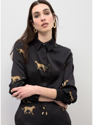 Shirt - Satin Leopard Print BLACK-BROWN