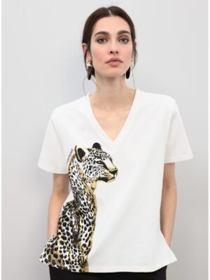 T-shirt - V-neck Animal Print T-shirt with Beads
