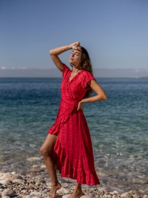 Long Wrap Dress Frill Tie Dye Red