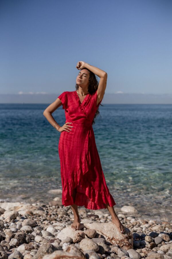 Long Wrap Dress Frill Tie Dye Red - Image 3
