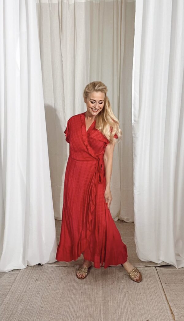 Long Wrap Dress Frill Tie Dye Red - Image 4