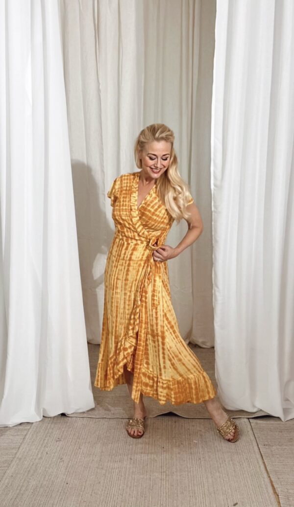 Long Wrap Dress Frill Tie Dye Yellow - Image 5