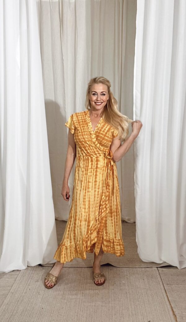 Long Wrap Dress Frill Tie Dye Yellow - Image 3