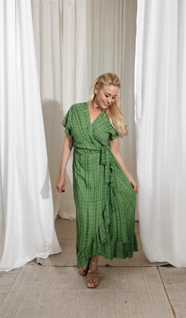 Long Wrap Dress Frill Tie Dye Green - Image 4