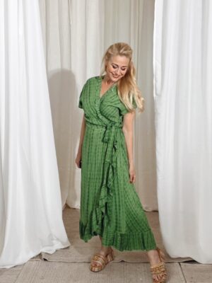 Long Wrap Dress Frill Tie Dye Green