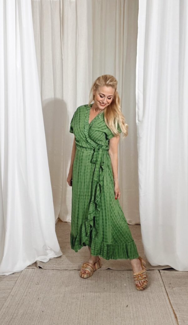 Long Wrap Dress Frill Tie Dye Green