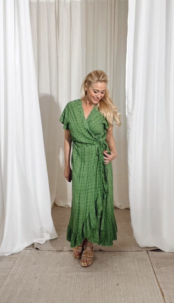 Long Wrap Dress Frill Tie Dye Green - Image 2
