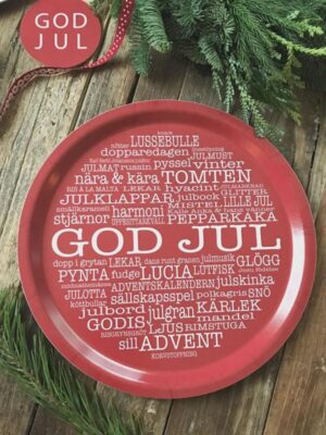 Bricka rund 31 cm, God Jul-ord, röd/vit text