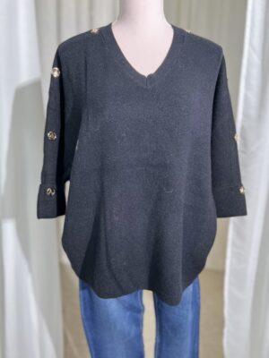 Stickad tröja v-neck med guldknappar Black