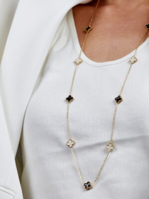 Halsband - Clover Mix Long Necklace Ivory/Black/Gold