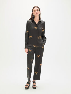Pants - Pleated Satin Leopard Print BLACK-BROWN