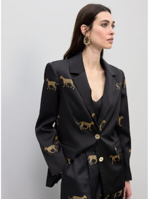 Blazer - Satin Straight Blazer with Leopard Print BLACK-BROWN
