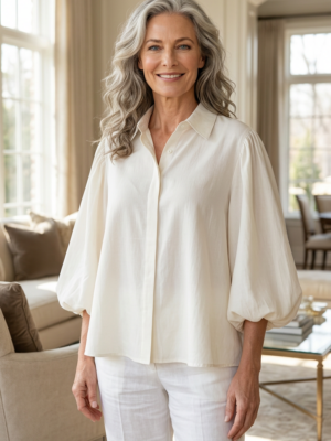 Blus med ballongärm Beige