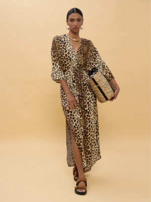 Long dress - with wide sleeves, animal print, brown-multicolored
