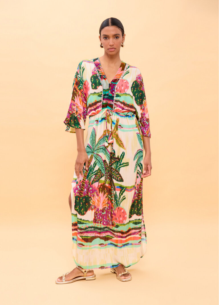 Dress –  Wide sleeves multicolored palm tree print