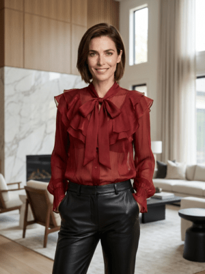 Blus glansig med volang Burgundy