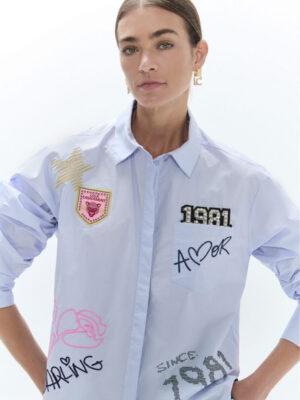 Shirt - Poplin Shirt with Patches Blue